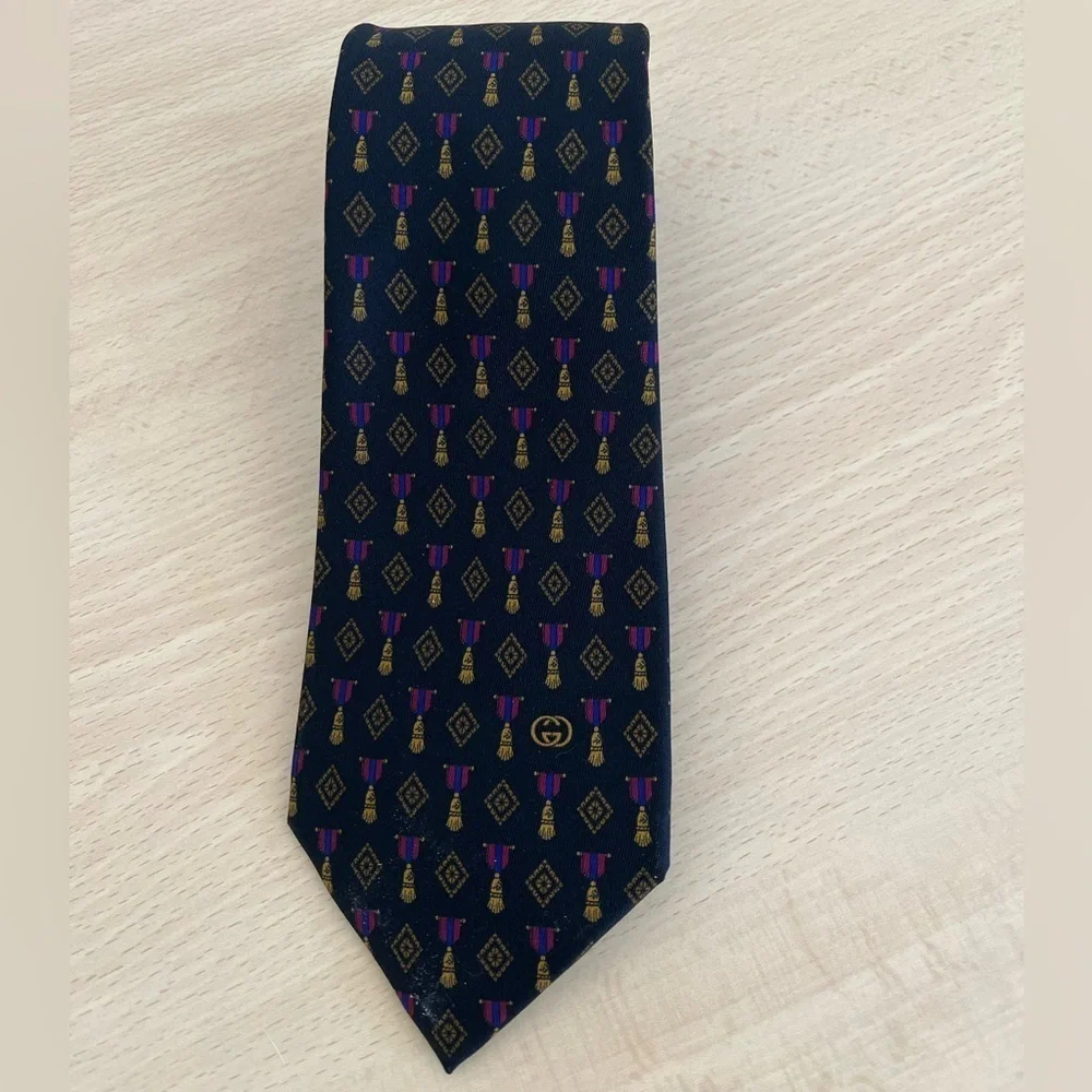 Gucci Black Silk Tie Gold Tassels,Fuschia Pink and blue Pattern Vintage BNWOT